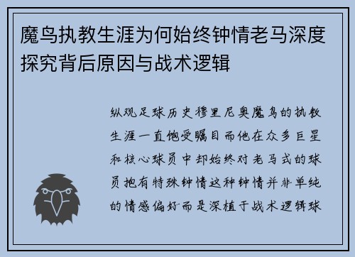 魔鸟执教生涯为何始终钟情老马深度探究背后原因与战术逻辑